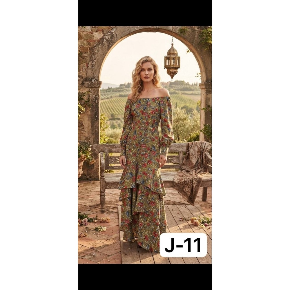 STYLENANDA Olive Green Floral Tiered Ruffle Off-Shoulder Maxi Dress  Free Size